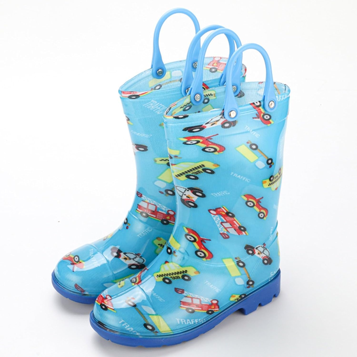 Kids Rain Boots with Easy-On Handles Waterproof Non-Slip Rainboots for Girls & Boys Fun Printed Outdoor Rubber Shoes