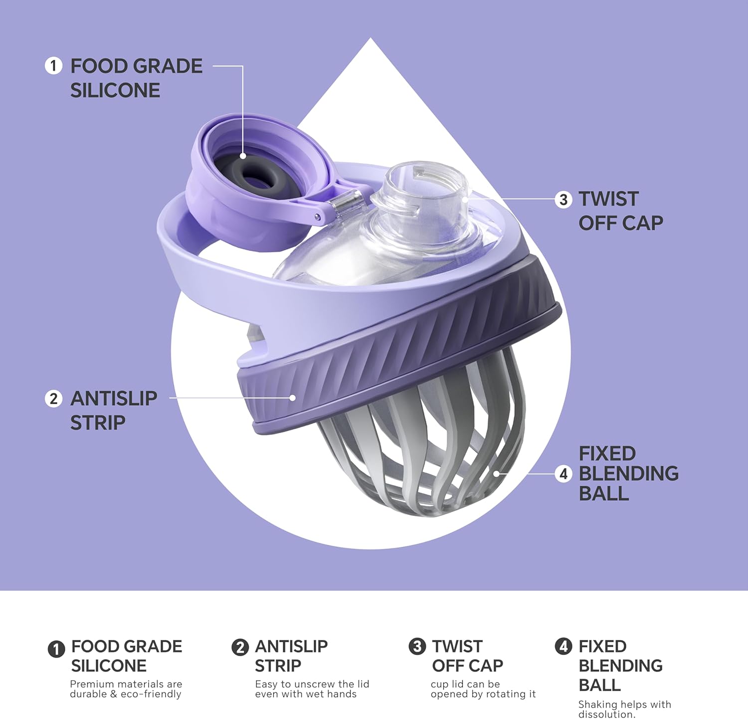 Ideus 24 oz Stainless Steel Shaker Bottle, Insulated & Leakproof Shaker Cup, BPA-Free With Silent Mixing Grate For Clump Free Shakes, Gym Essentials For Workout, Fitness, Sports, Light Purple - Image 5