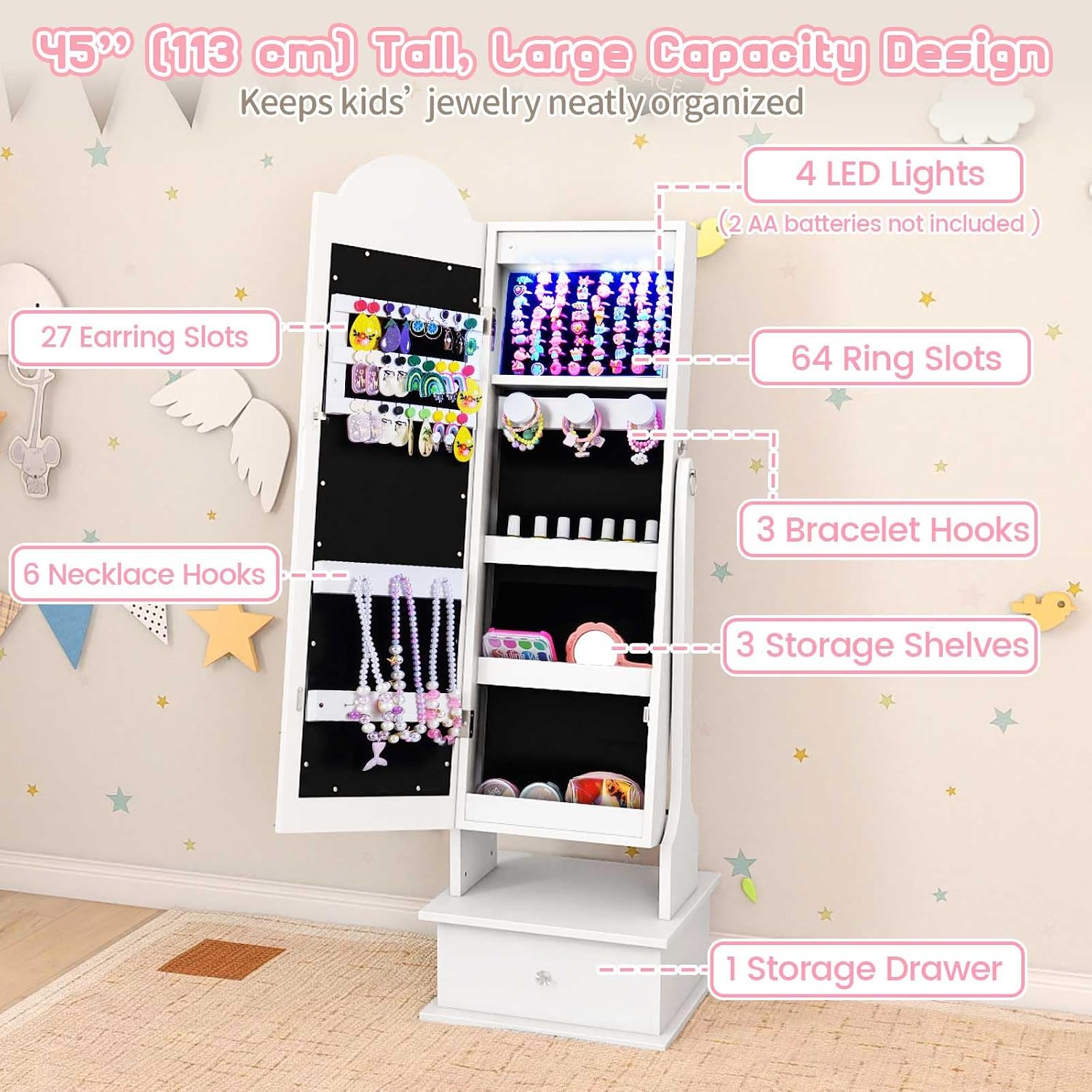 INFANS Kids Jewelry Armoire Cabinet with LED Lights, Lockable Standing Organizer with Full-length Mirror, Unicorn Theme Children Vanity Dress Up Storage Rack for Girls