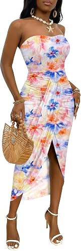 Umenlele Women's Tube Strapless Dress Blue Flower Medium