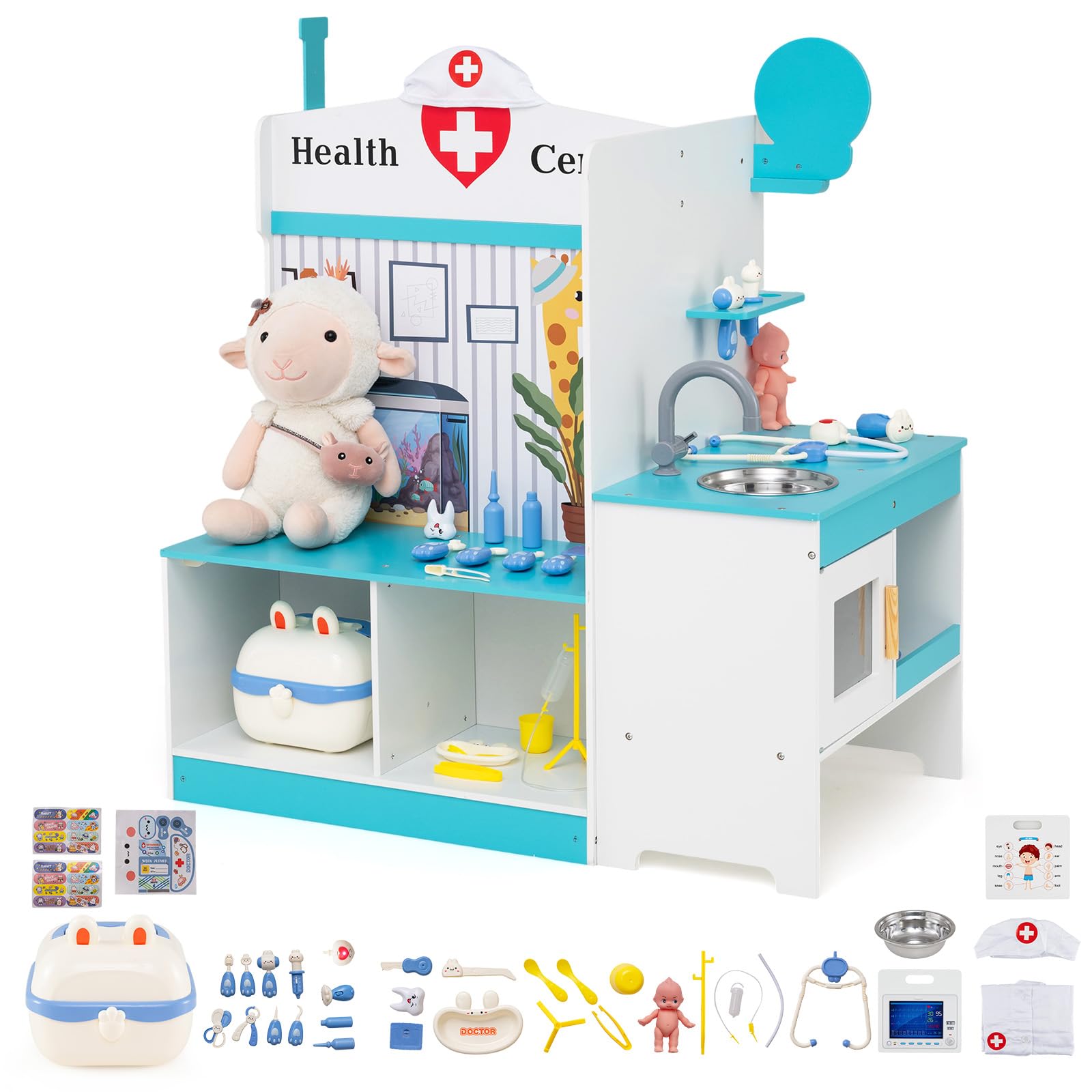 COSTWAY Centro Médico Juguete, Juego de Doctor de Madera para Niños con Grifo, Monitor ECG, Diagrama de Partes del Cuerpo, Reloj, Barra de Altura Ajustable y 27 Accesorios, para Niños de 3-6 Años