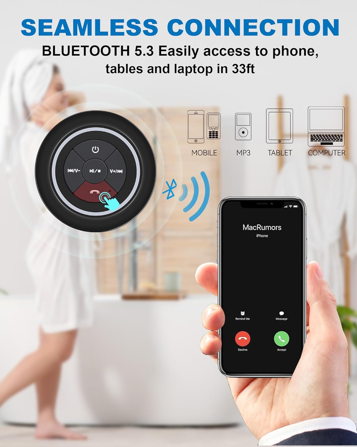 Bluetooth Shower Speaker, Portable Bluetooth Speakers, IP67 Waterproof Speaker with Suction Cup, Floating, Crystal Sound, Ideal for Outdoor Beach Pool, Great Gifts - Image 5