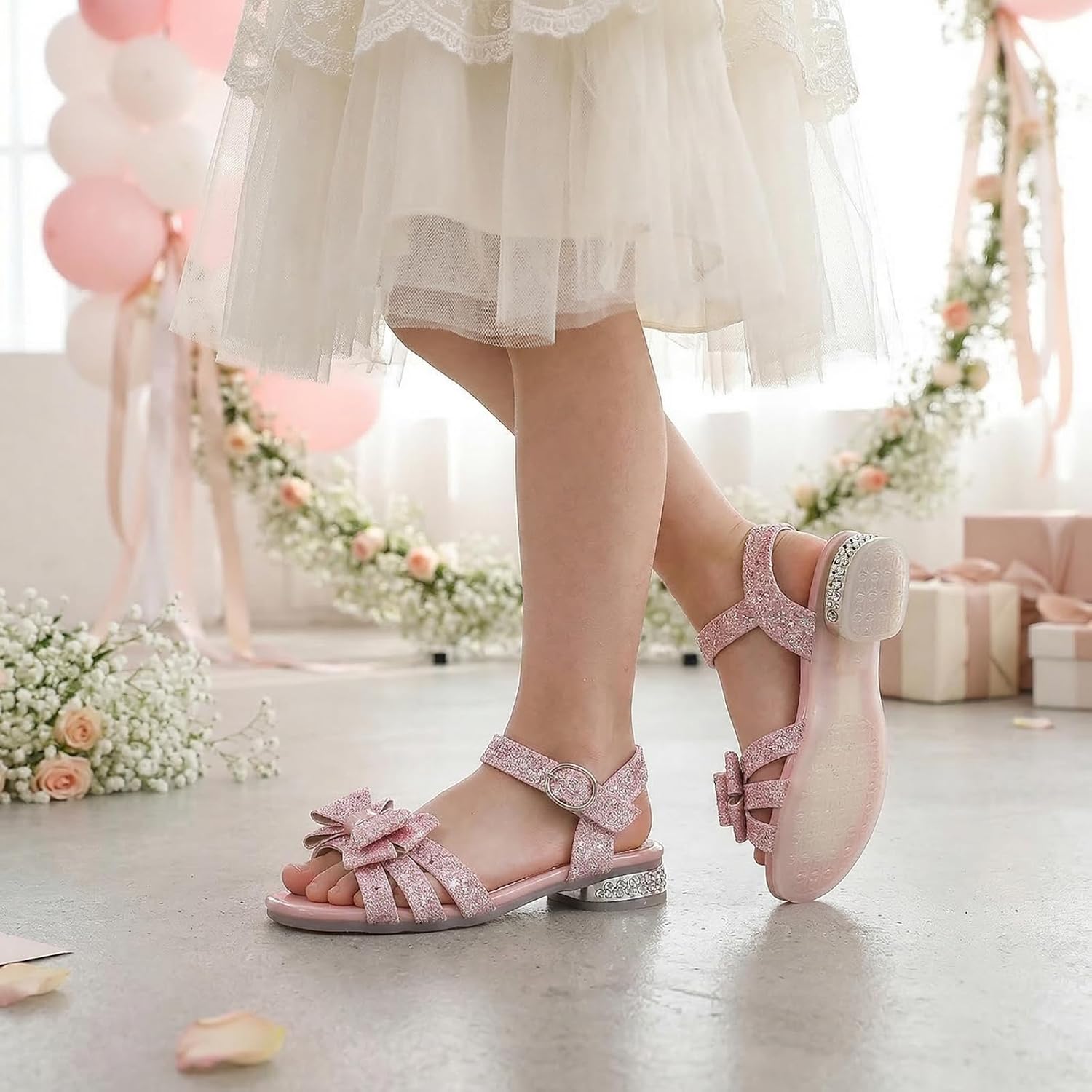 Girls Dress Sandals Glitter Bow Open Toe Low Heel Shoes Party Wedding for Toddler Little Big Kid