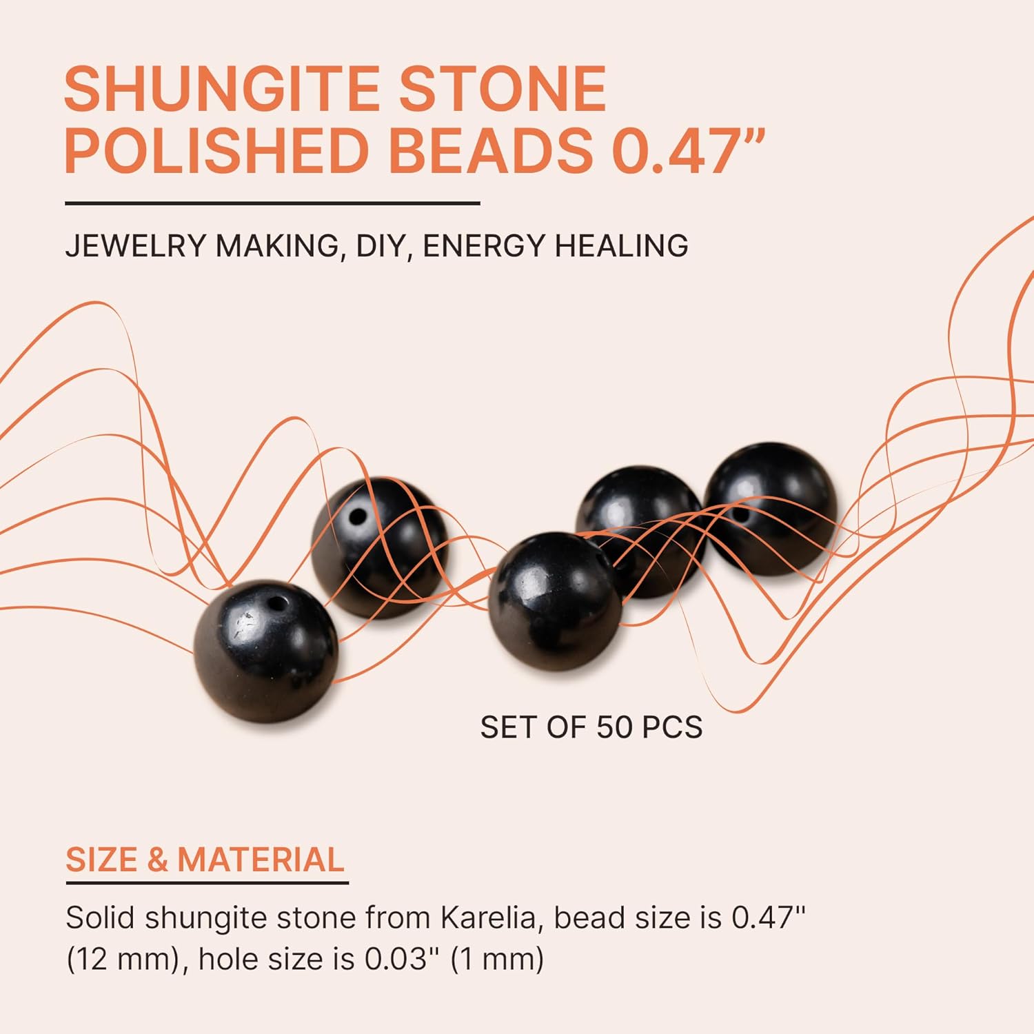 Karelian Heritage Shungite Stone Round Beads 12 mm 50 pcs for Making Jewelry Supply Set | Black Crystal Natural Stone Loose Beads in Bulk | Authentic Raw Shungite for Making Jewelry DIY and Craft S163