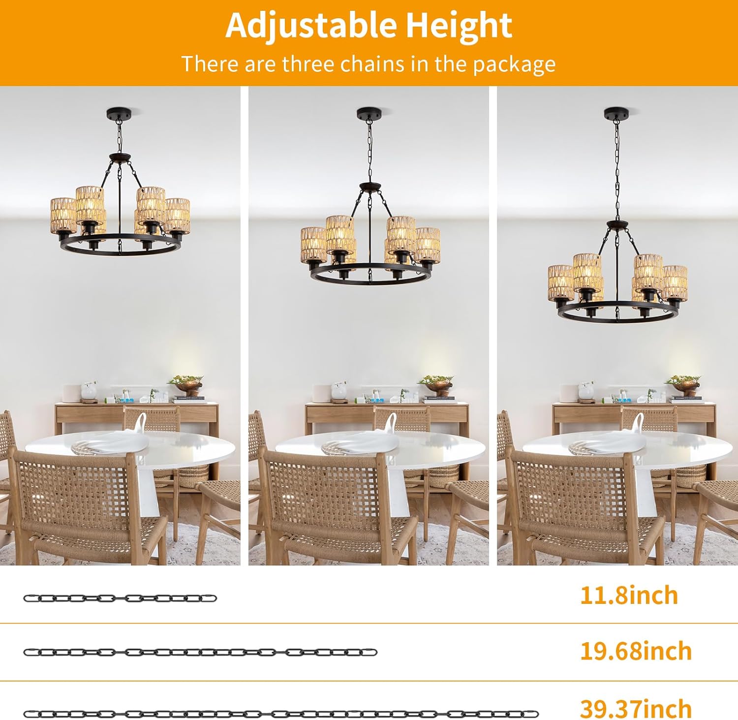 6-Light 24" Boho Rattan Chandeliers for Dining Room,Farmhouse Wagon Wheel Chandeliers,Adjustable Height Hanging Round Pendant Lighs for Kitchen Island,Wicker Lampshade Chandelier Light Fixture