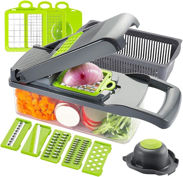 Ourokhome Vegetable Chopper Slicer Dicer - 12-in-1 Fruits Cutter Mandoline Slicer Food Chopper/Cutter with 7 Stainless Steel Blades, Adjustable Slicer & Dicer with Storage Container
