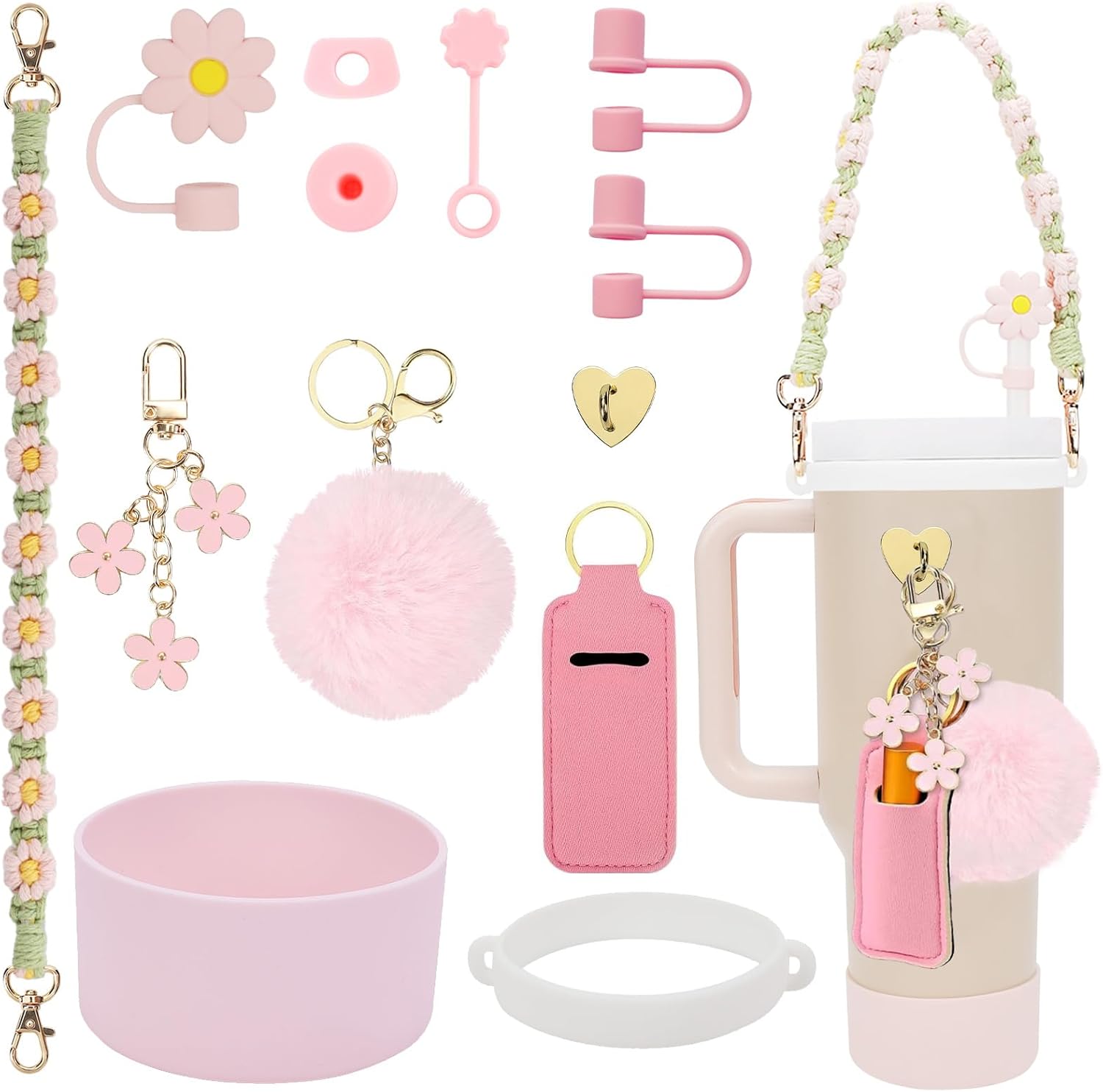 Stanley Cup Accessories Set Including Water Bottle Handle Strap, Siliocne Stanley Cup Boot, Siliocne Straw Cover, Stanley Charms for Stanleys Cup 40oz & 30oz Tumbler