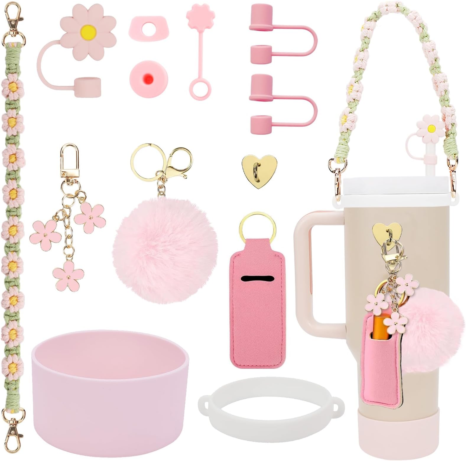 Stanley Cup Accessories Set Including Water Bottle Handle Strap, Siliocne Stanley Cup Boot, Siliocne Straw Cover, Stanley Charms for Stanley Cup 40oz & 30oz Tumbler