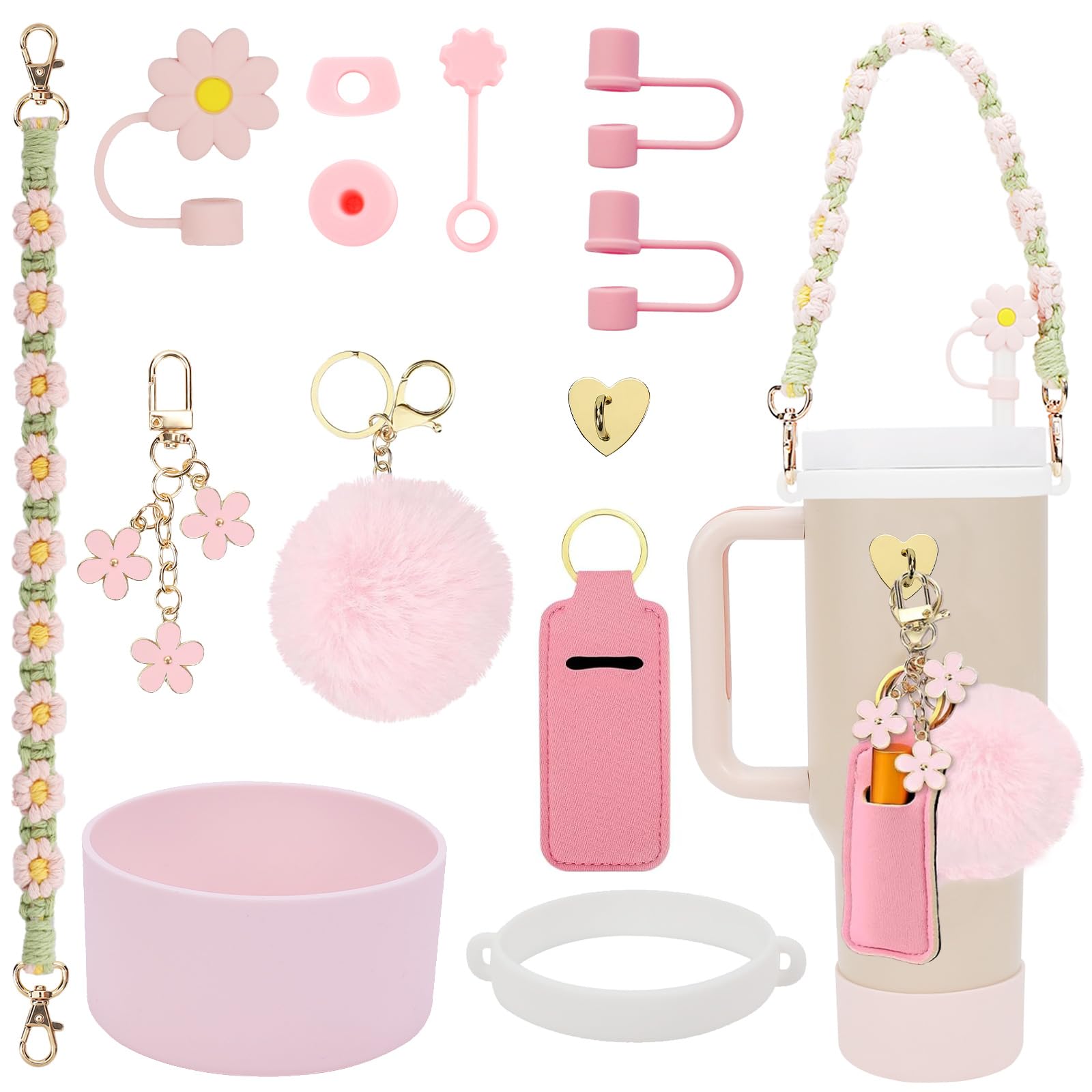 Stanley Cup Accessories Set Including Water Bottle Handle Strap, Siliocne Stanley Cup Boot, Siliocne Straw Cover, Stanley Charms for Stanleys Cup 40oz & 30oz Tumbler