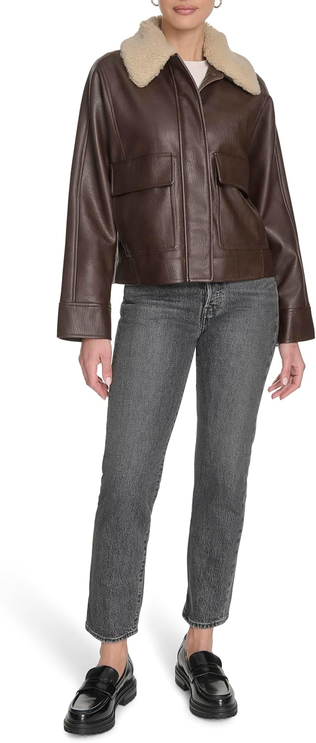 Levi's Women's Relaxed Faux Leather Aviator Jacket With Removable Sherpa Collar - Image 6