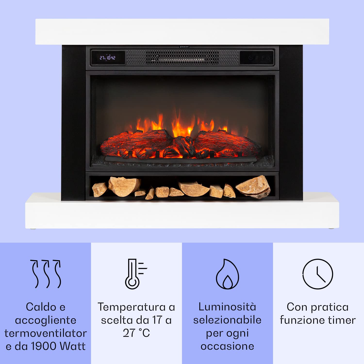 Klarstein Camino Elettrico Basso Consumo, con Mensola, da Parete, Caminetto Finto da Terra, 1900W, Decorativo con LED, Telecomando, Timer, Controllo Temperatura