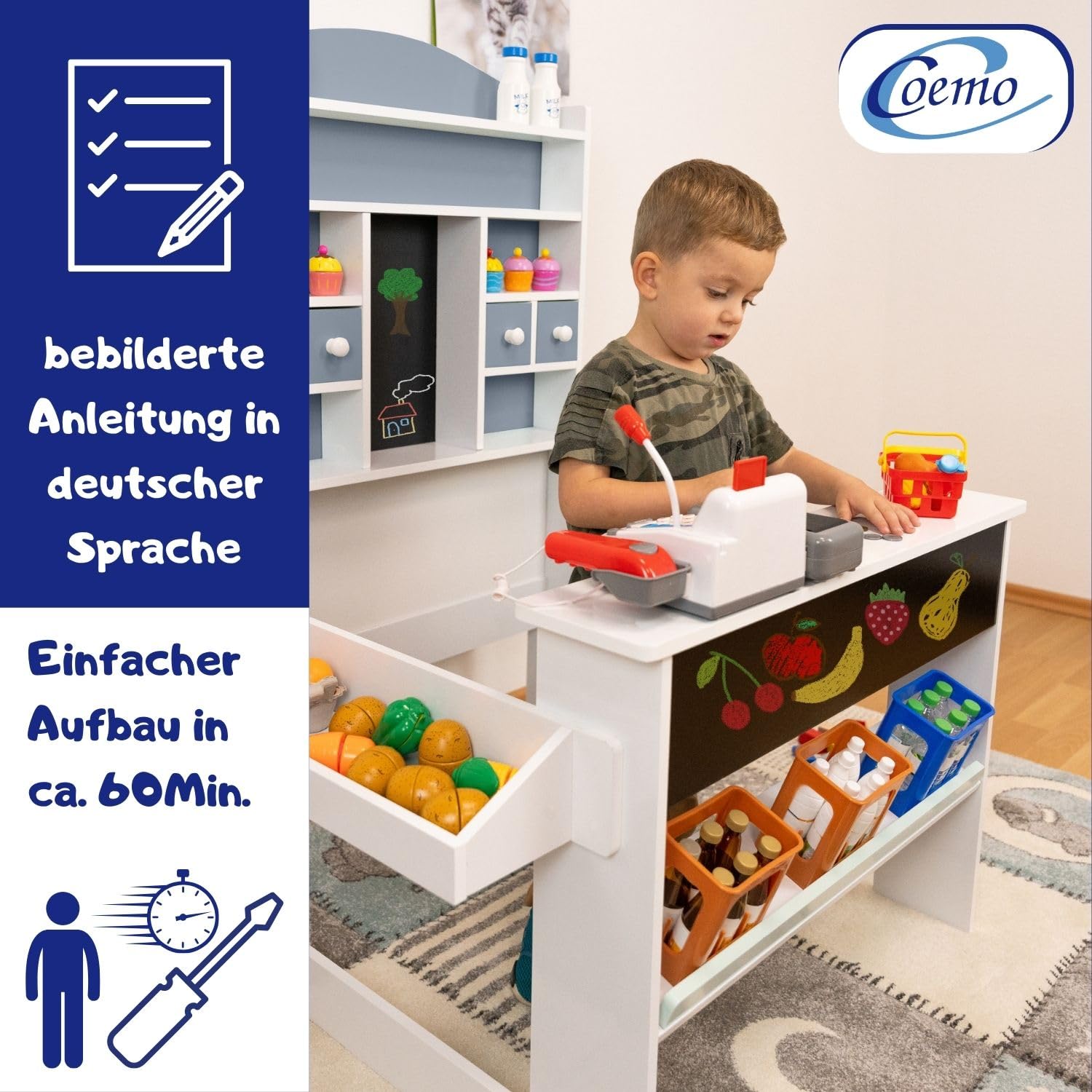 Coemo Kaufladen Nicola Kinder Kaufmannsladen aus Holz, Verkaufsstand Theke, Tafel, Seitentheke & Schublade Marktstand als tolles Geschenk, Grau