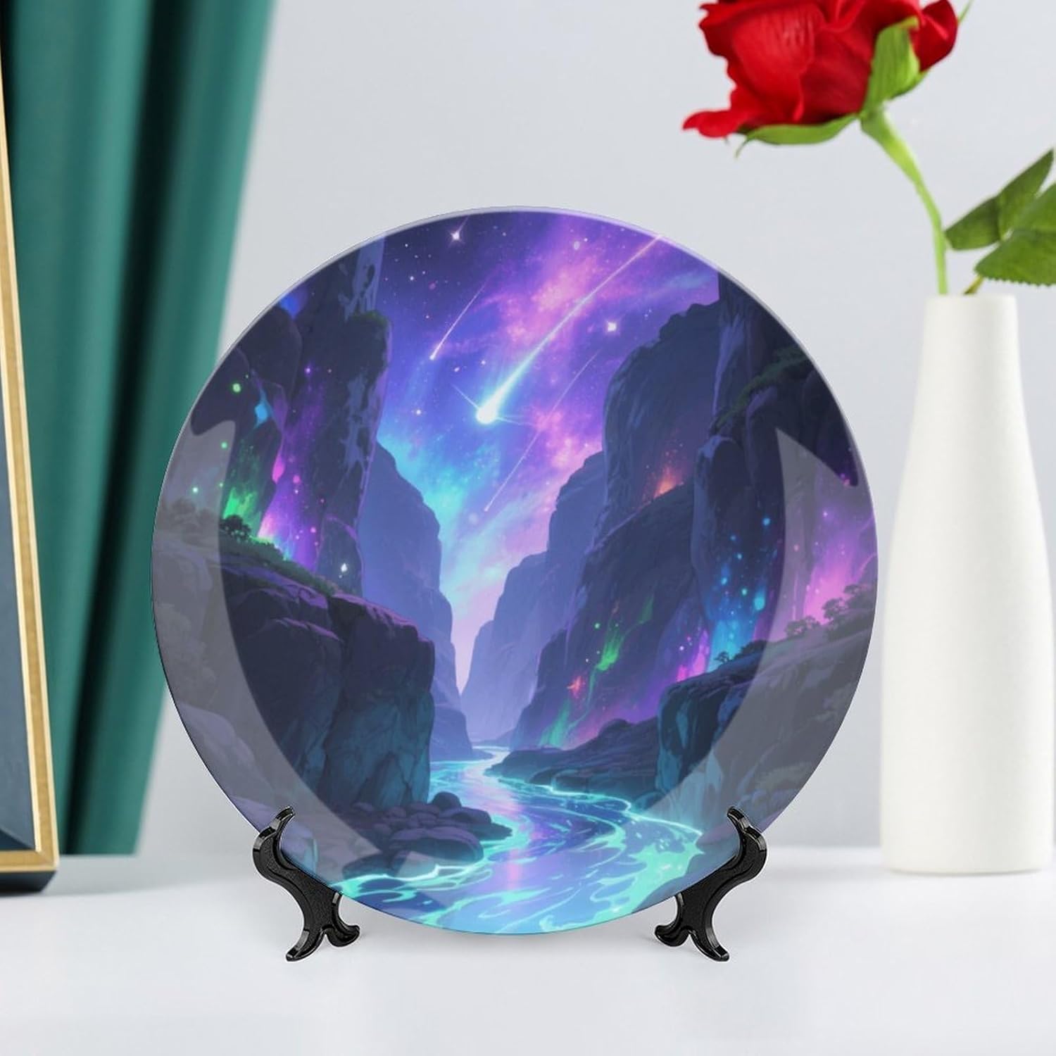 Bone China Decorative Plates Phantom Nebula Canyon Ceramic Decorative Plate Wall Decor with Display Stand Ceramic Ornaments for Wall Hanging Decoration