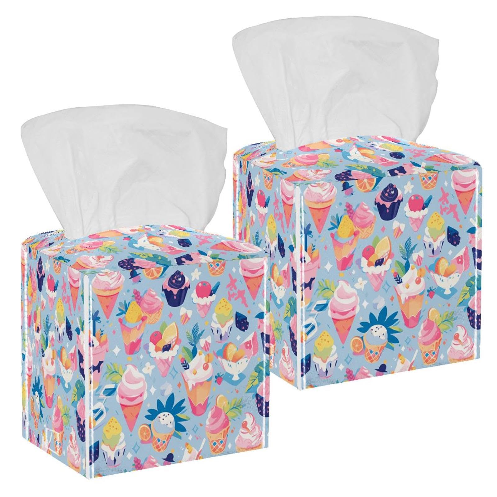 Summer Ice Cream Tissue Box Cover, 2 Pack PU Leather Square Facial Tissue Dispenser Box holder for Home Office Car