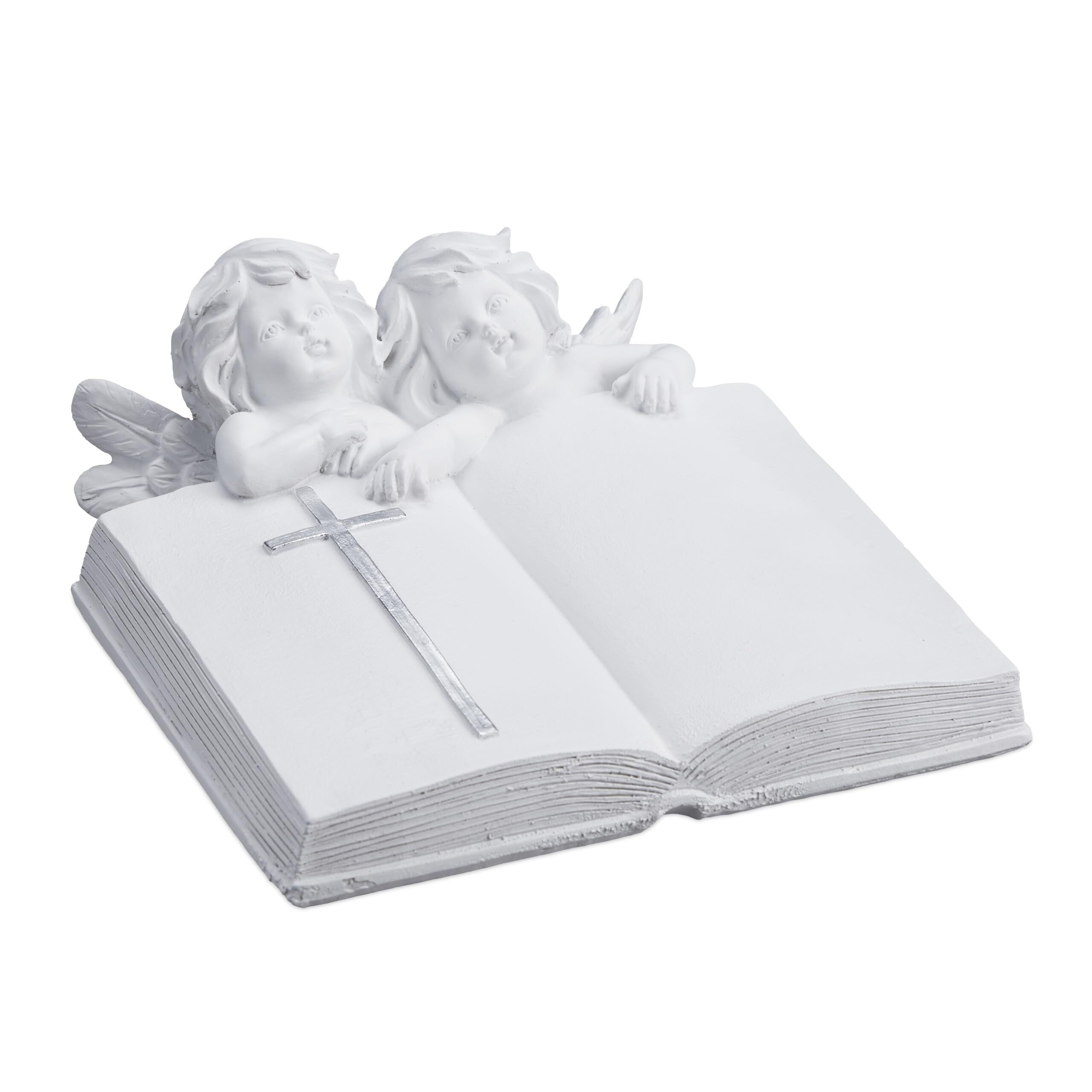 Relaxdays Grave Angel, with Book, Artificial Stone, Weather-frost-& UV-resistant, HxWxD: 10 x 20 x 20 cm, Decor, White, Polyresin