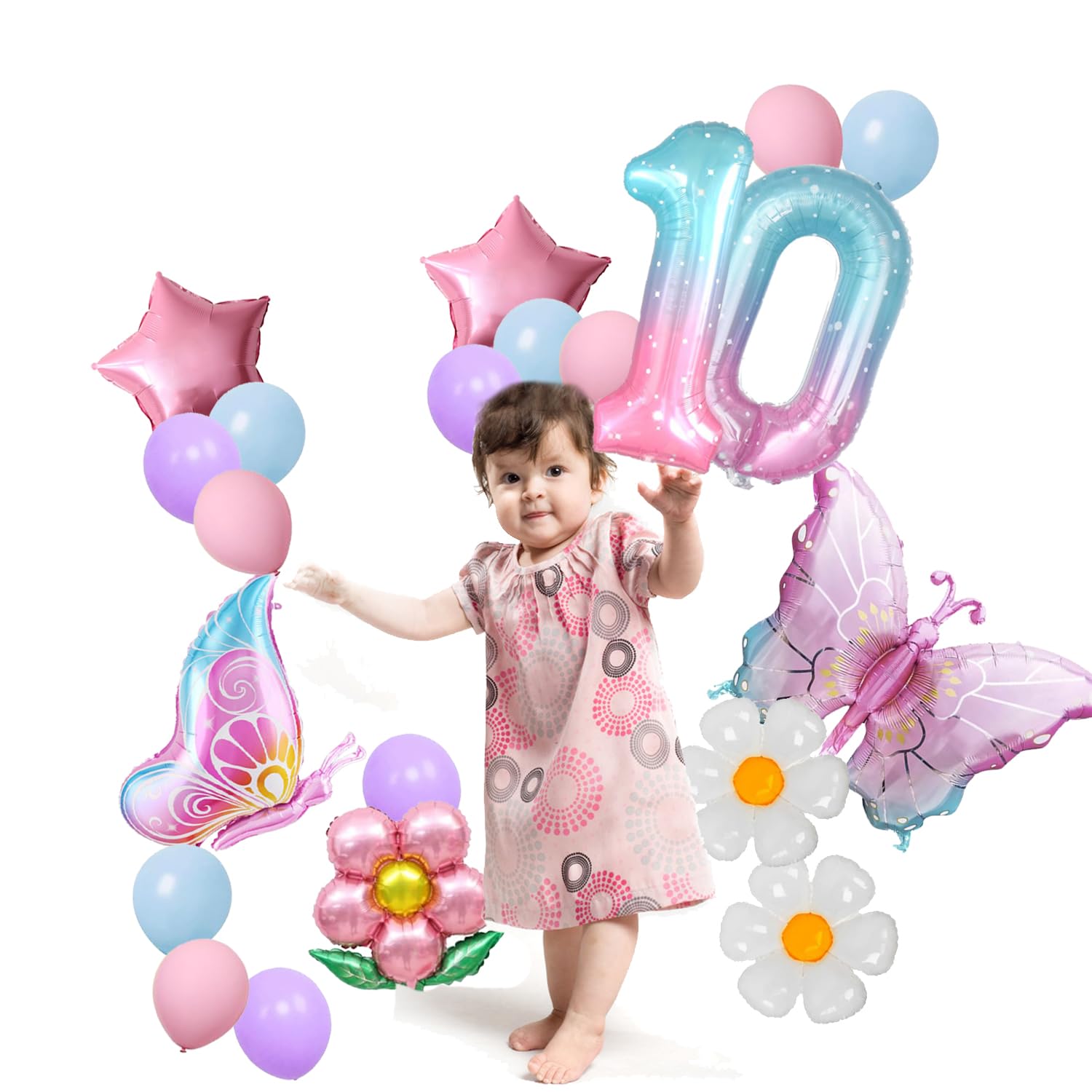 17-teiliges Schmetterlings-Ballonset Für Mädchen – Mit Riesiger Zahl 10, Bunten Folienballons & Blumen, Geburtstagsdeko Für Den 10. Geburtstag