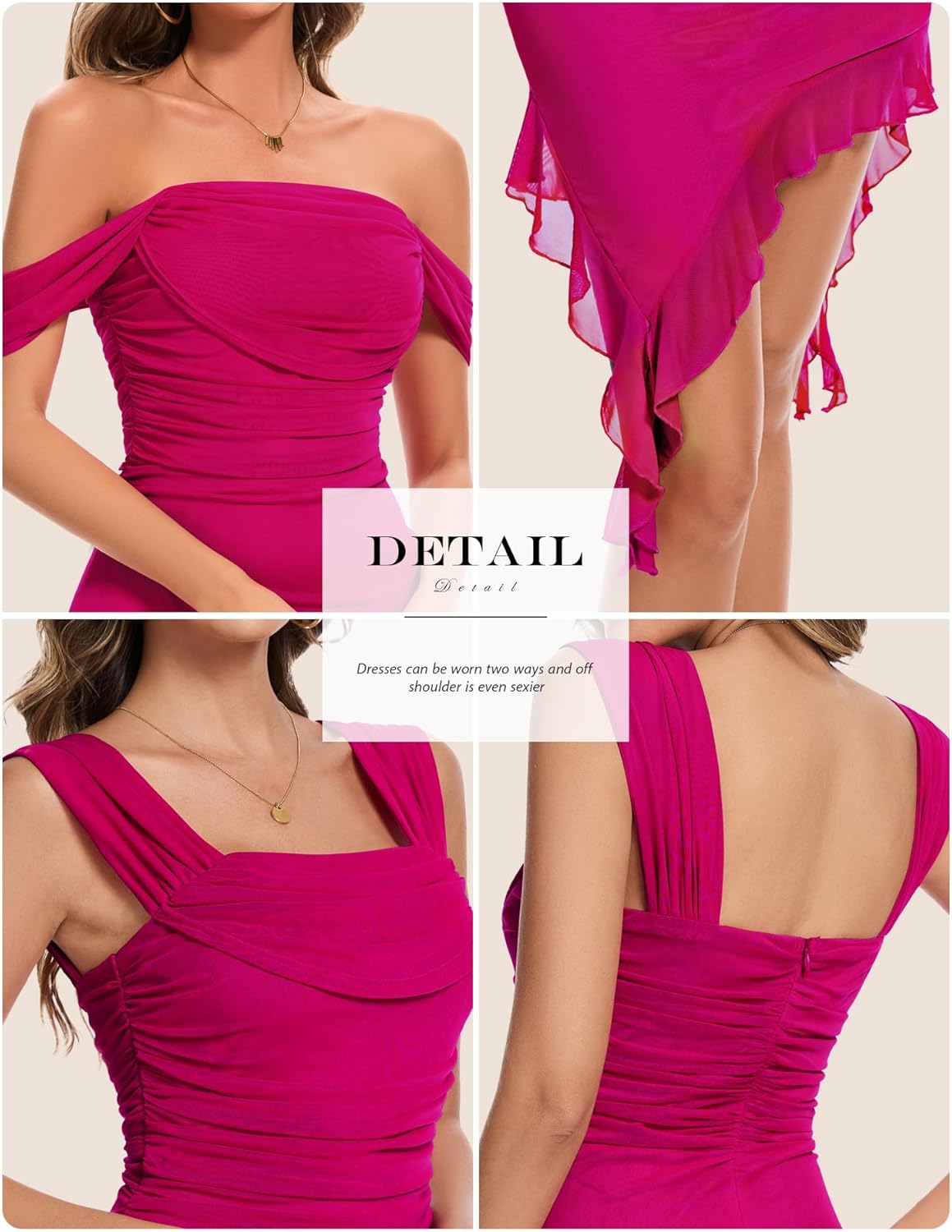 BeryLove Women's Summer Ruched Cocktail Party Dresses | Midi, Bodycon, Off The Shoulder, Ruffled, Club, Wedding, Formal WY001 Rose Red L - Image 6