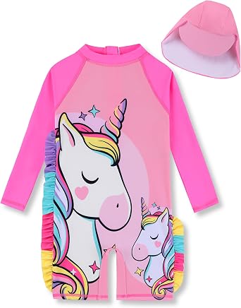 Girls Long Sleeve Rashguard Sets Kids One Piece Swimsuit Bathing Suit UPF 50+ UV Zipper Swimwear