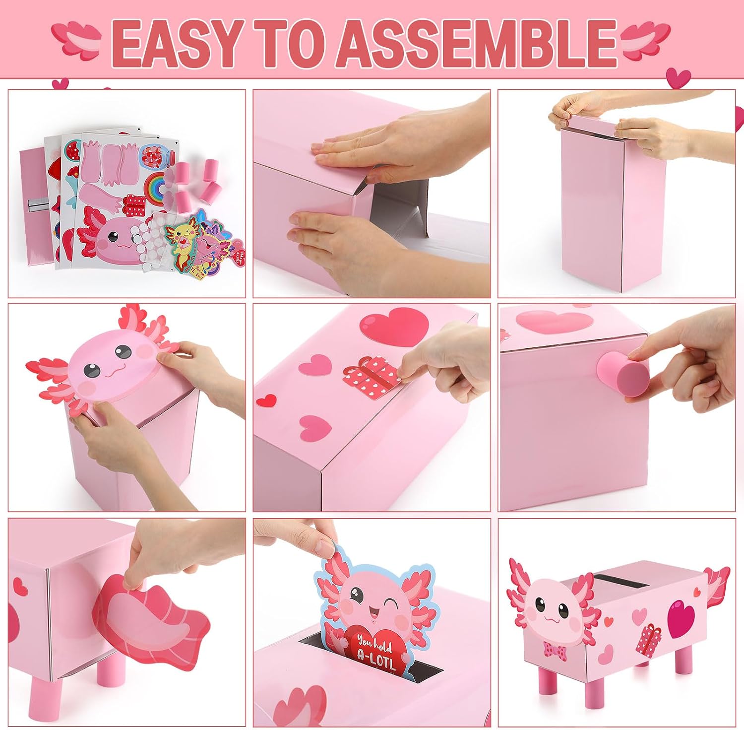 Funrous Valentine Box Kit Valentine's Day DIY Mailbox Card Box with 24 Greeting Cards and Stickers for Valentines Day Gifts Exchange Party Activity Favor Sets Mail Boxes Craft (Axolotl)