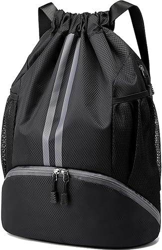 Hoedia Mochila deportiva con cordón, bolsa de gimnasio con compartimento para zapatos y bolsillo a prueba de humedad para mujereshombres, Negro -,