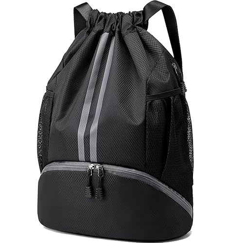 Hoedia Sports Drawstring Backpack - String Swim Gym Bag with Shoes Compartment&Wet Proof Pocket for Women&Men, Fit basketball