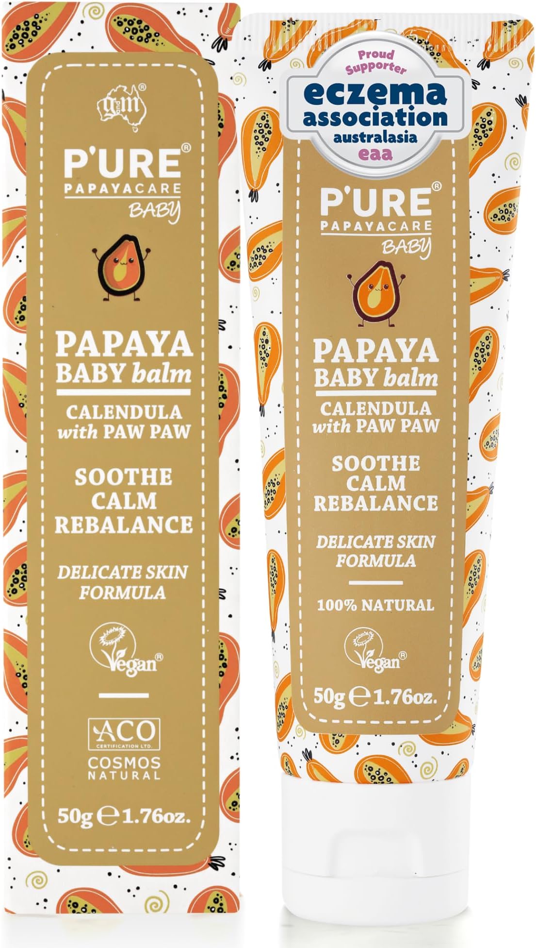 50g Organic Baby Moisturising Cream - Nappy Rash, Cradle Cap & Eczema Treatment for Babies with Papaya, Jojoba Oils, Calendula, Chamomile & Shea Butter | P'URE Papaya Care Organic Baby Balm