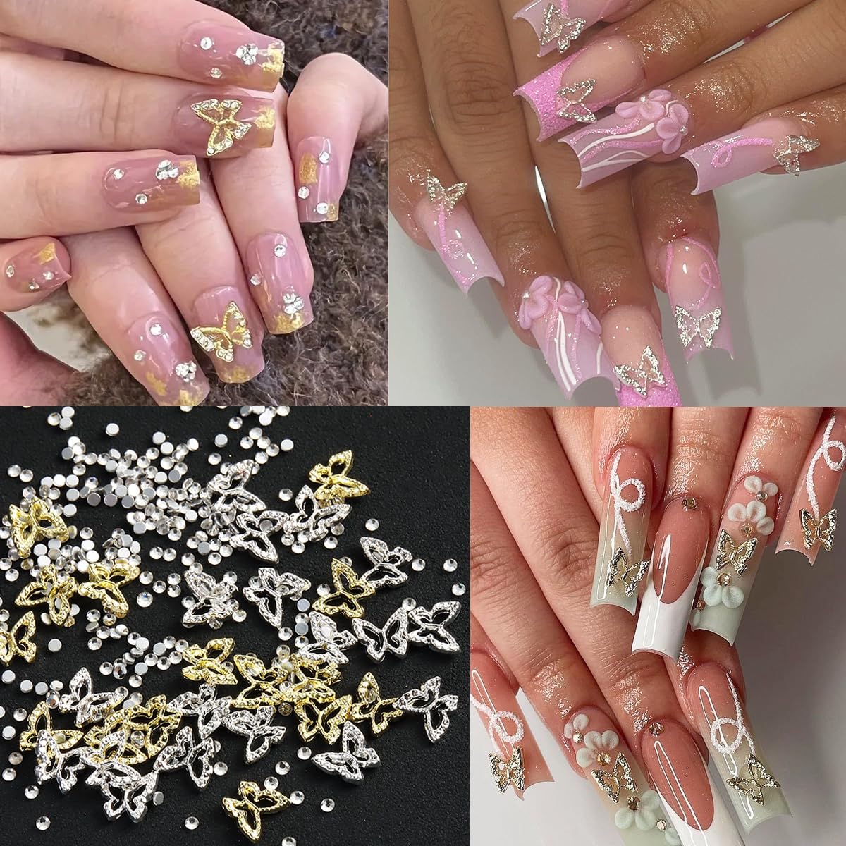 Fcozpjk Flower Nail Charms, 3D Acrylic Flowers Petals Colorful Floral Nail Gems Gold Silver Butterfly Charms Tiny Caviar Beads Pearl Rhinestones Manicure Decoration