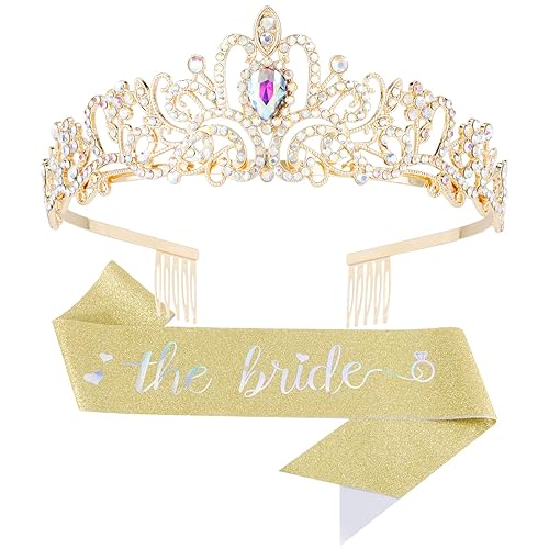 CIEHER Kit de banda de novia + corona de cristal, decoraciones de despedida de soltera con diamantes de imitación AB dorados para despedida de