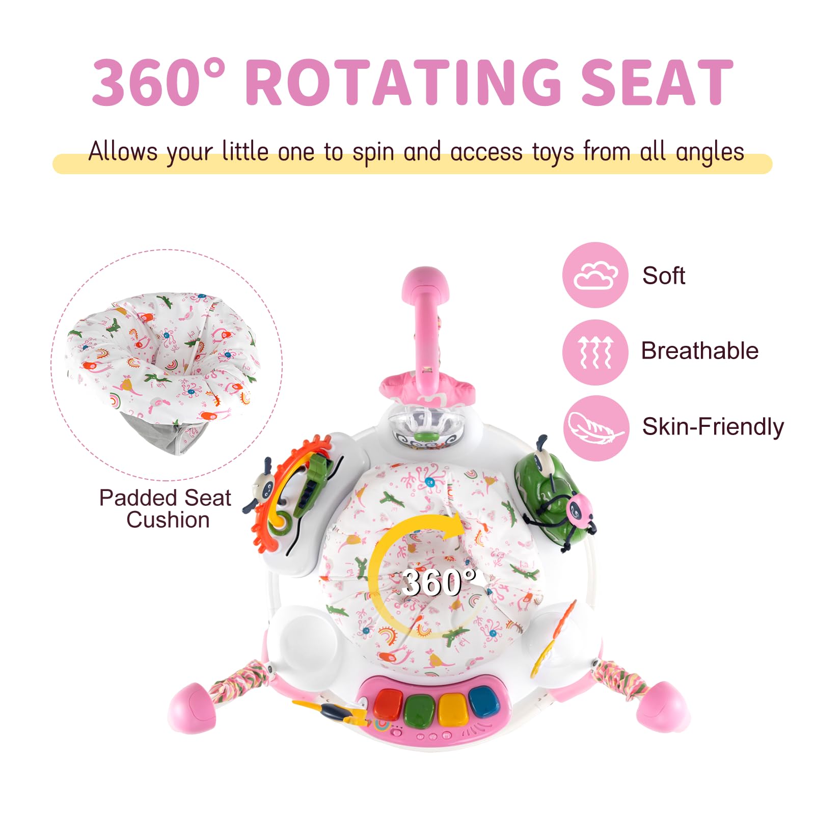 GYMAX Baby Jumpers & Bouncers, Interactive Baby Jumperoo Activity Center with 360° Rotary Seat, 3 Adjustable Heights, Music, Lights, Interactive Toys, Toddler Bouncer for 6 Months+ (Pink) — view 5