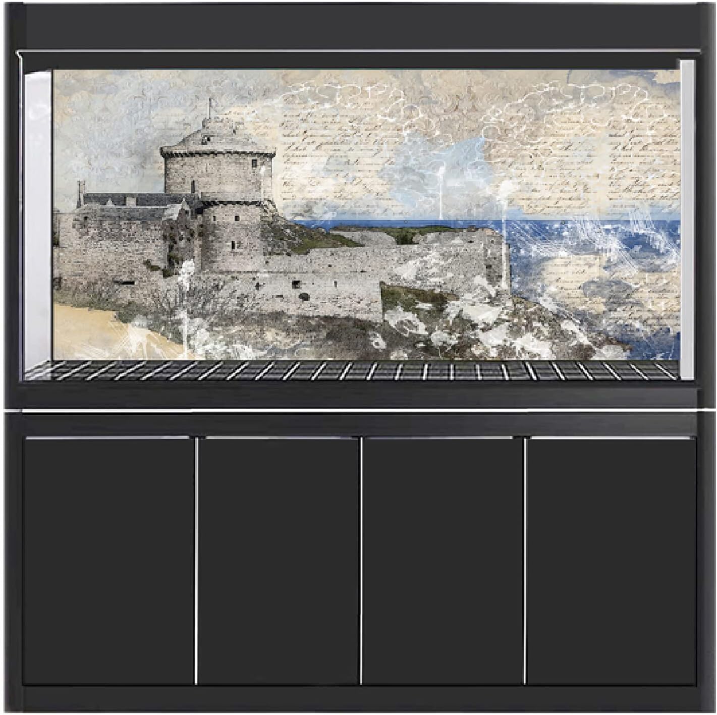 水族館の背景地中海の城の油絵風景pvcステッカーデカール 水槽の装飾の壁紙 Ns 76x30cm 売却 30 X12