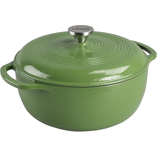 Lodge 6 Quart Enameled Cast Iron Dutch Oven with Lid – Dual Handles – Oven Safe up to 500° F or on Stovetop - Use to Marinate, Cook, Bake, Refrigerate and Serve – Spruce