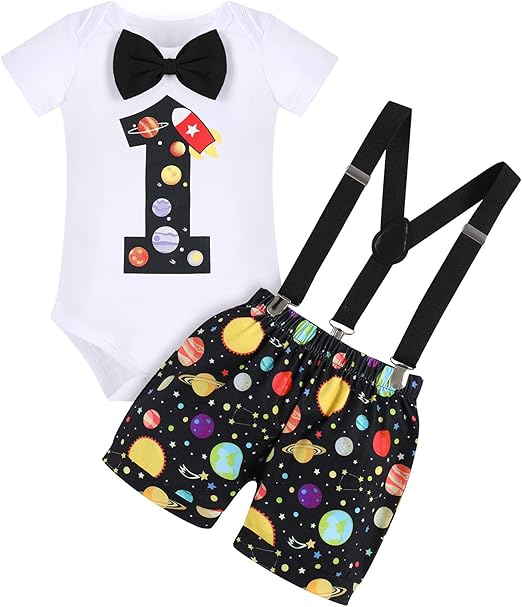 IBAKOM Baby,Clothing,Baby Boys 0-24m,Outfits & Clothing Sets Baby Boy's First 1st Birthay Outfits Space Universe Astronaut Theme Cake Smash Bowtie Short Sleeve Romper + Short Pants + Suspenders 3Pcs Photo Prop Summer Clothes