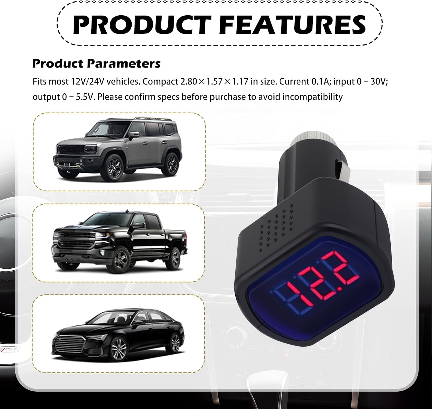 Car Cigarette Lighter Voltage Meter with LED Digital Display,Real-Time Car Battery Voltage Meter for Voltages Monitoring,Universal 0.1A 12V Voltages Meters Cars Accessories