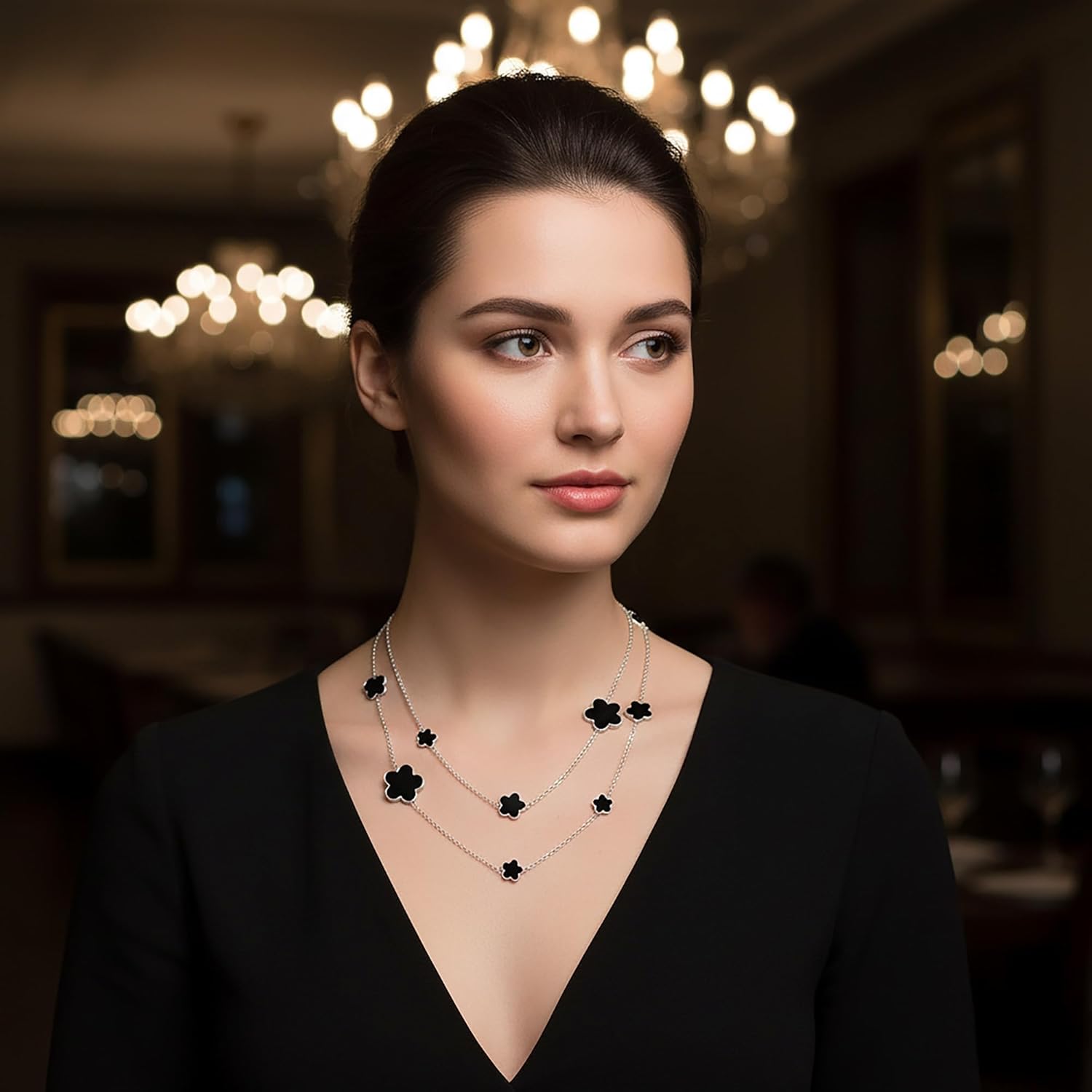 Bling Jewelry Fashion Off White Black Pink Enamel Large & Small Flower Long Silver Tone Gold Plated Station Chain Wrap Layer Clover Necklace For Women 40 Inch - Image 2