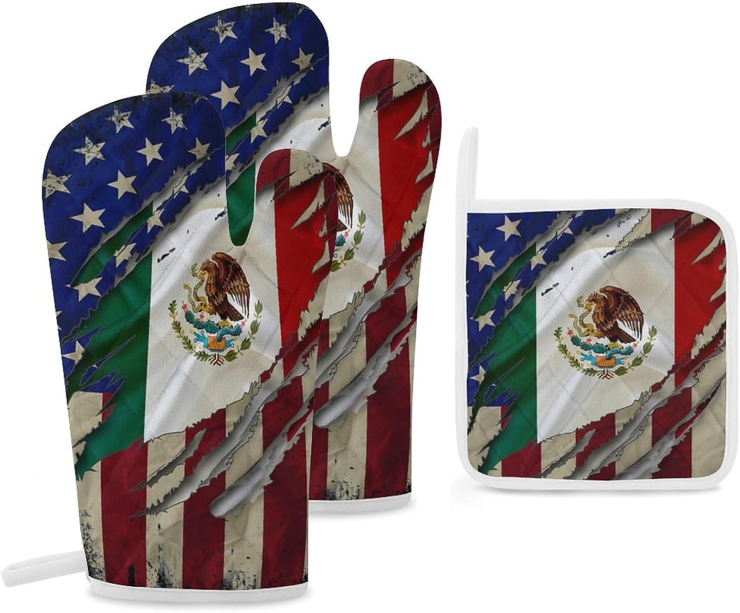Vintage U.S.A. Mexico Flag Print Oven Mitts and Pot Holders 3 Piece Sets Heat Resistant Gloves Hot Pads Potholders for Kitchen Baking Cooking