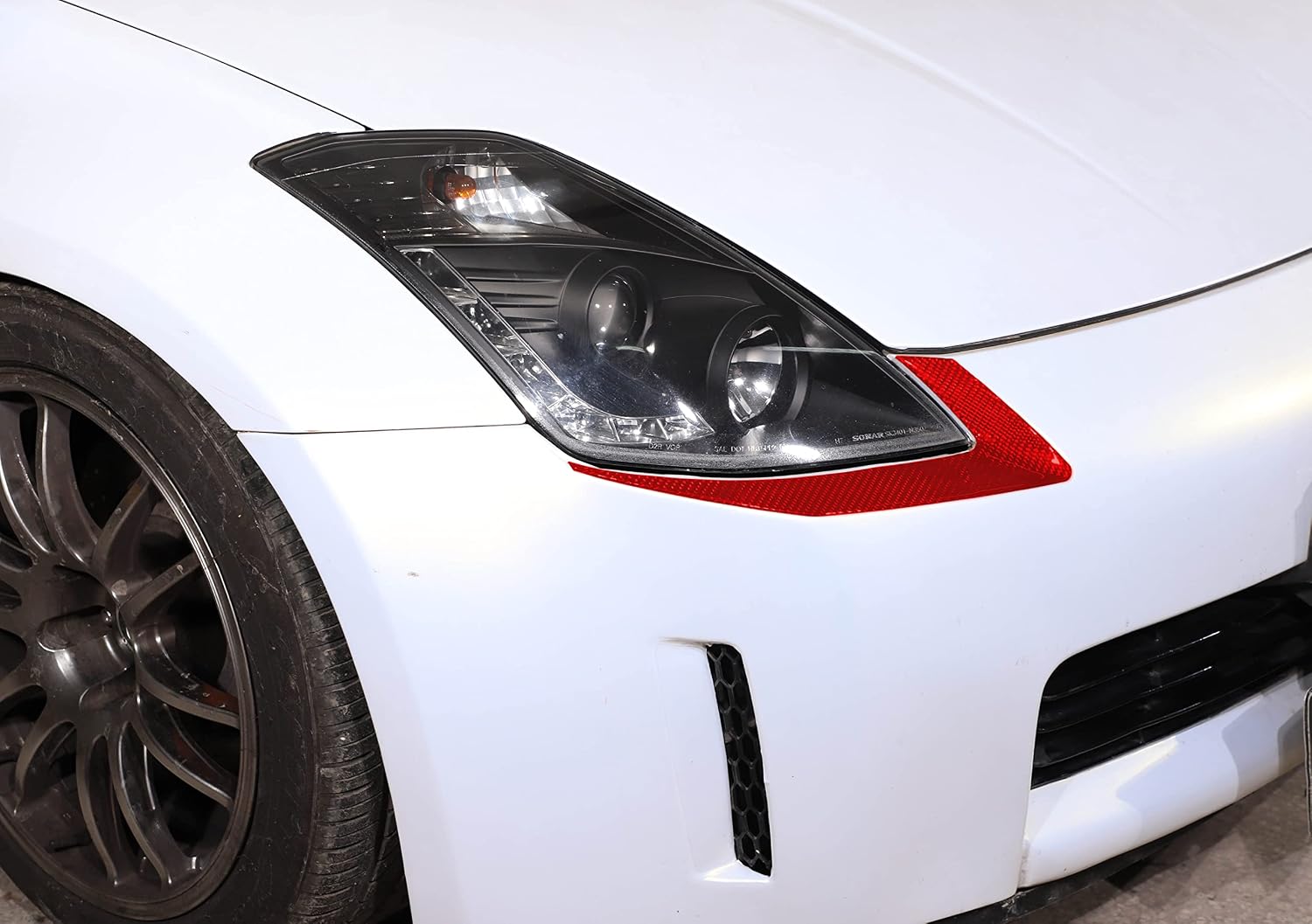 Sekhyna Central Console Decorative Cover Stickers Trim Red Soft Carbon Fiber Compatible with Niss@n 350Z Z33 2003 2004 2005 2006 (Front Headlight Eyes Trim Strips Red 2PCS)
