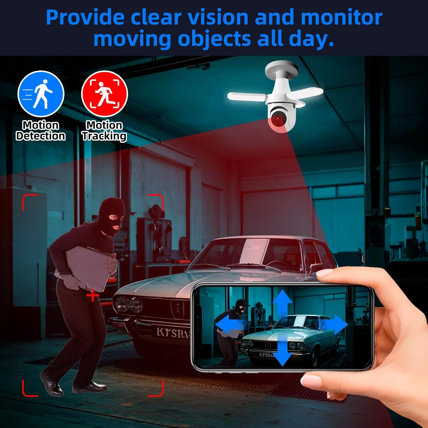 Image depicting the camera detecting and tracking a moving object (a person) in a garage, with a smartphone displaying the live feed.