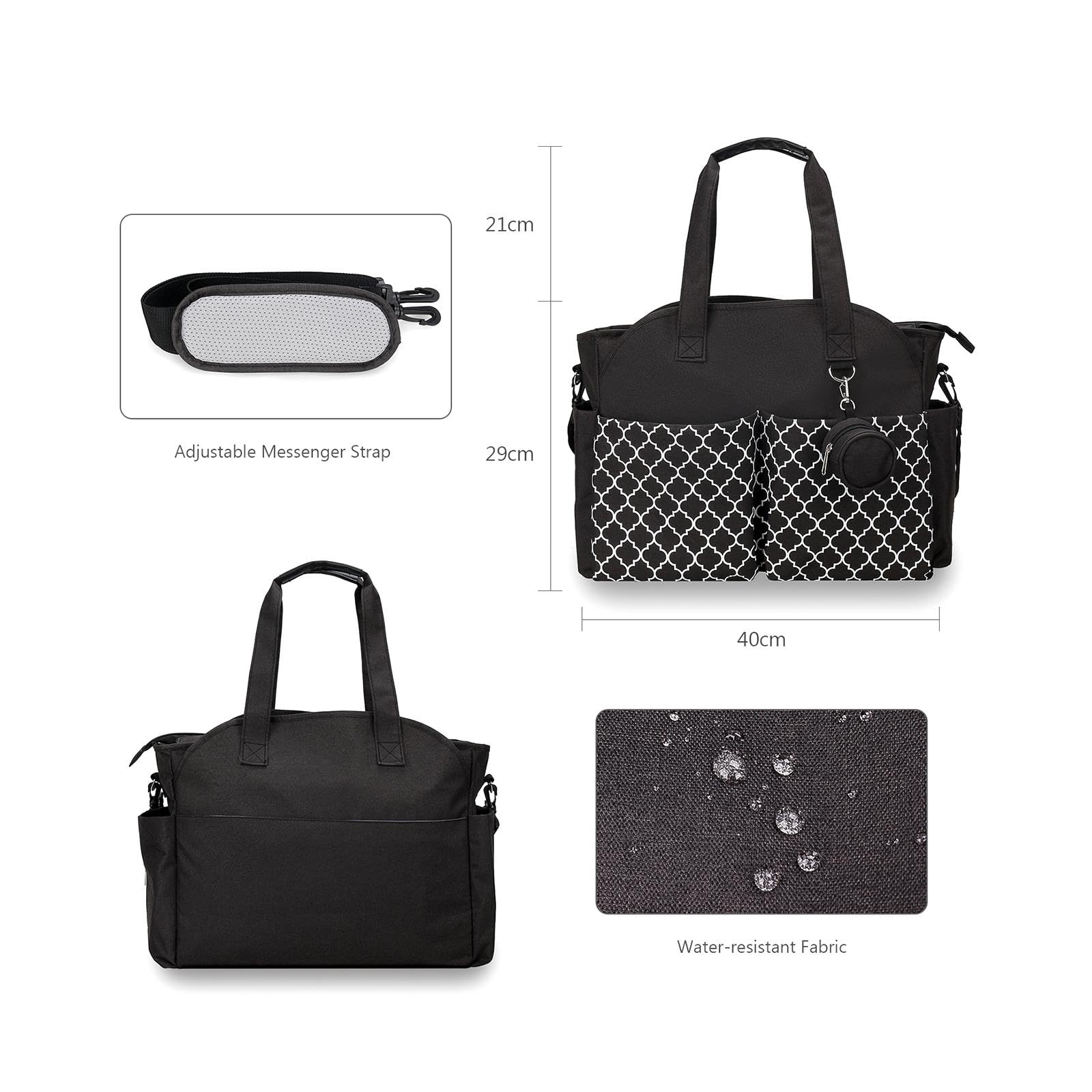 Wickeltasche Windeltasche Reisetasche Handtasche Aus Robustem Polyester mit Verstellbaren Trägern Und Praktischer Aufteilung für Mütter Unterwegs Im, Schwarz
