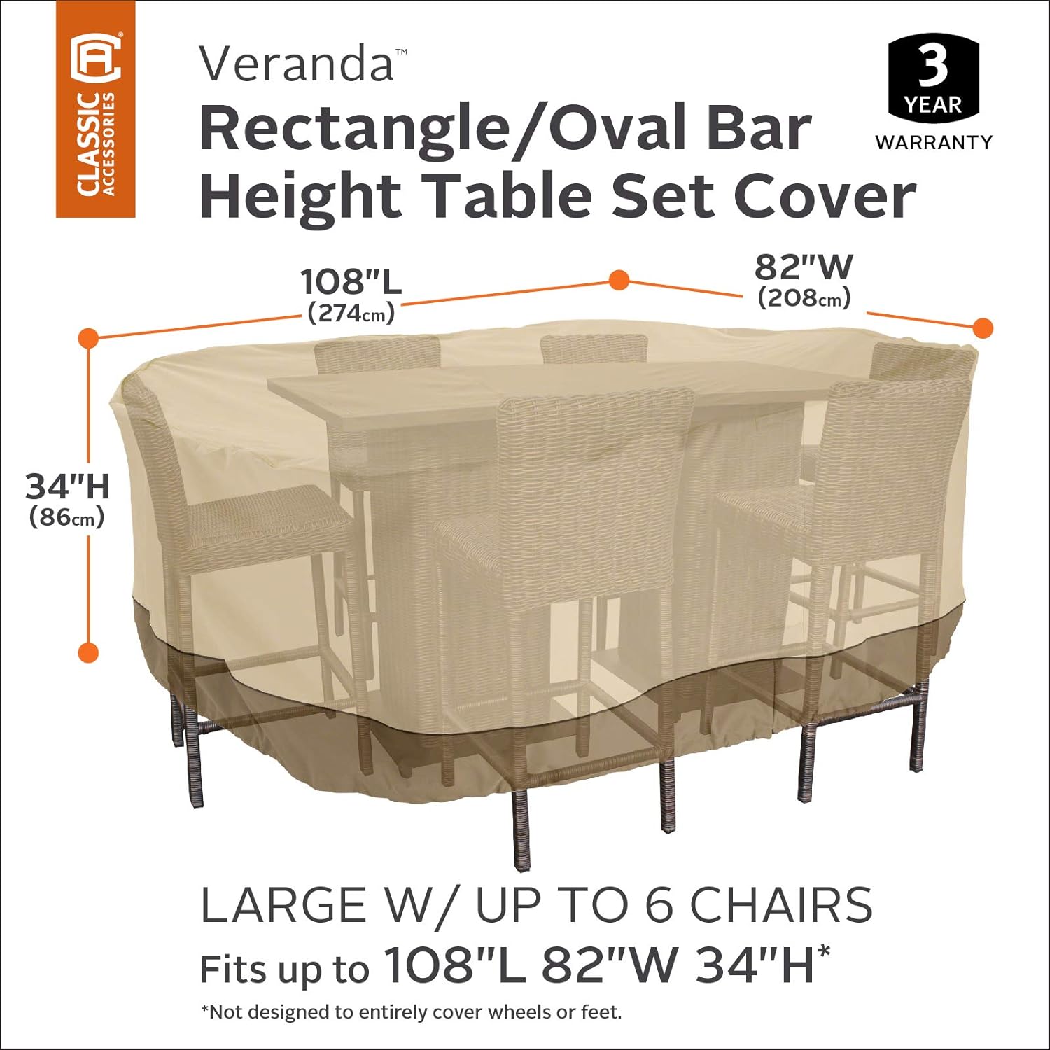 Classic Accessories Veranda Water-Resistant 108 Inch Rectangular Patio Bar Table & Chair Set Cover, Patio Covers for Outdoor Furniture : Patio, Lawn & Garden