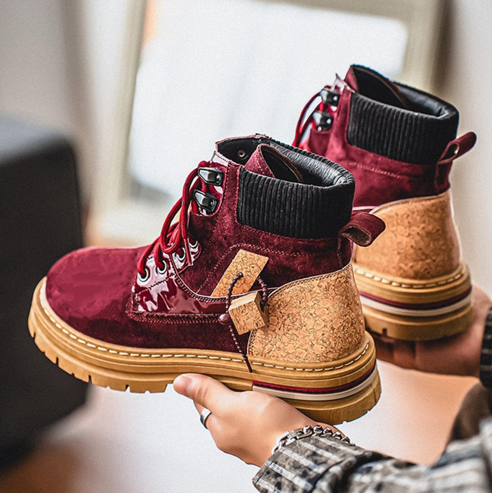 Męskie masywne zamszowe botki z dzianiny kołnierz na co dzień botki retro sznurowane modne trampki do streetwear spacerów