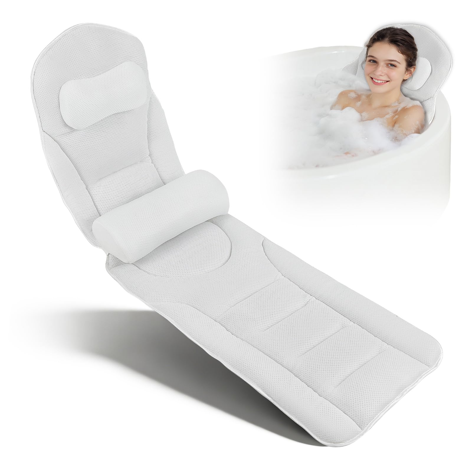 Coussin de Bain Complet, Oreiller de Bain pour Baignoire 131x38cm, Matelas Baignoire avec Appui-tête et Coussin Lombaire Amovible, Crochet de Suspension, Soutien de la Nuque et du Dos(Blanc)