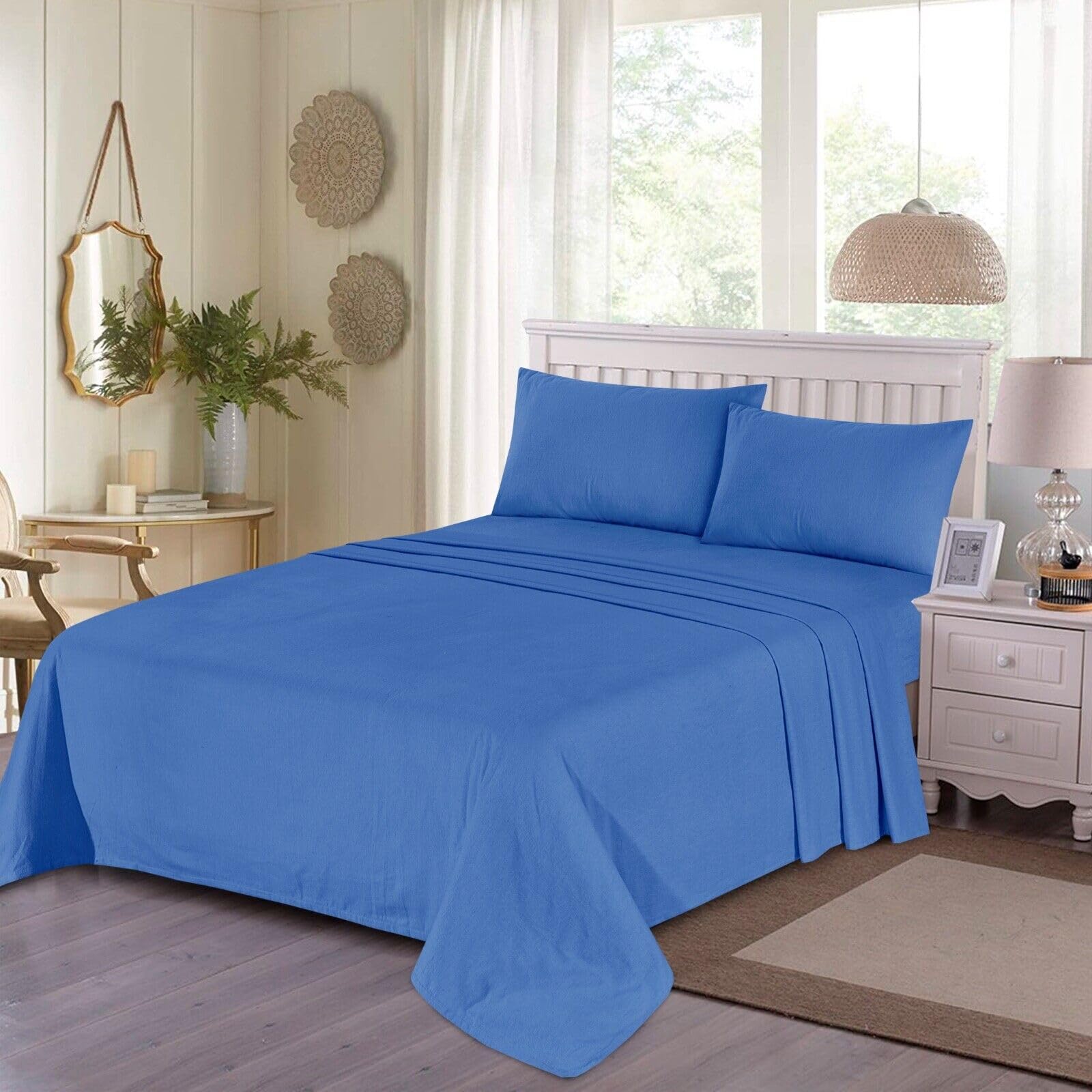 100% BRUSHED COTTON FLANNELETTE EXTRA DEEP FITTED SHEET 32CM / 13” THERMAL SOFT (Blue, Super King)