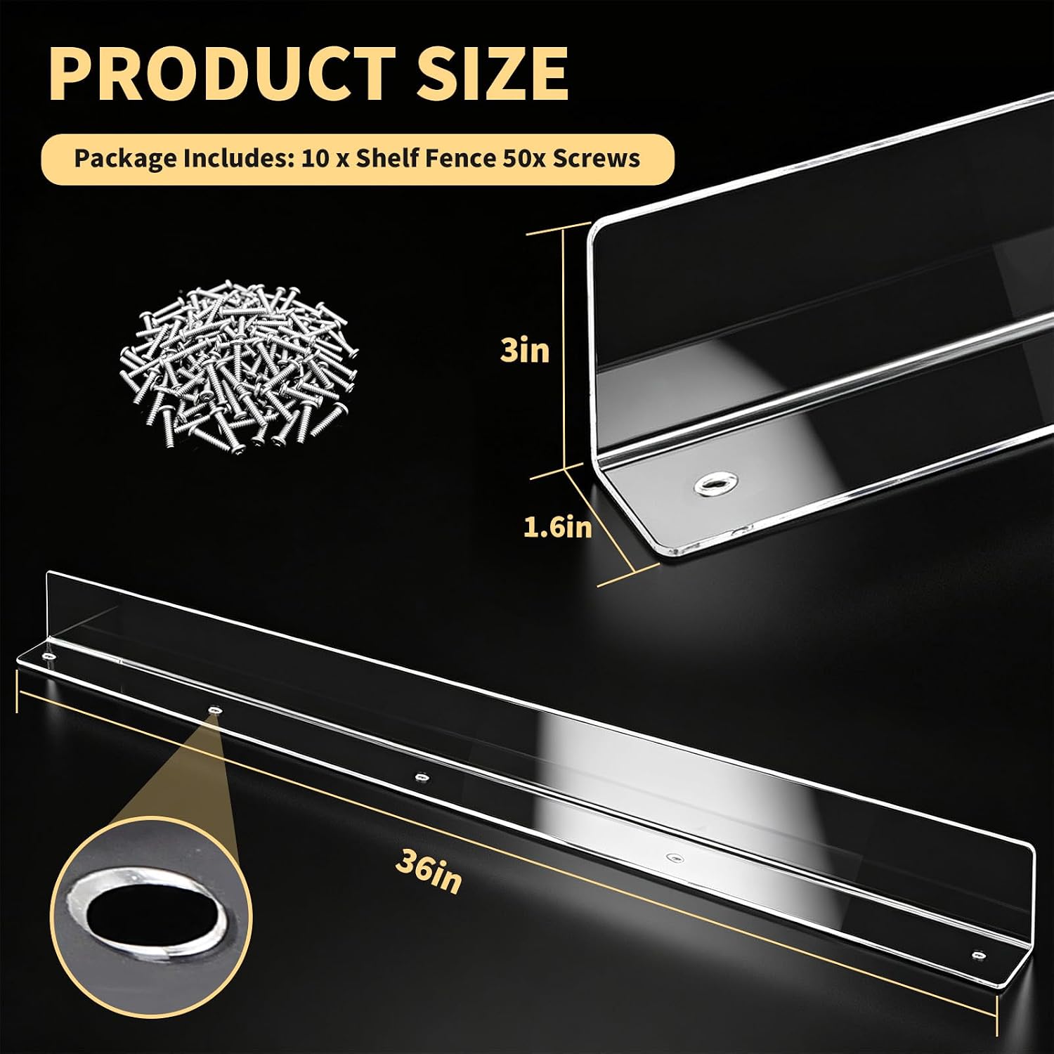 10 Pcs Retail Gondola Shelving Front Fence, Clear Acrylic Shelf Fence for Gondola or Wood Shelves Supermarket Guardrail for Retail Shelving and Display Shelves, 3''H X 36''L