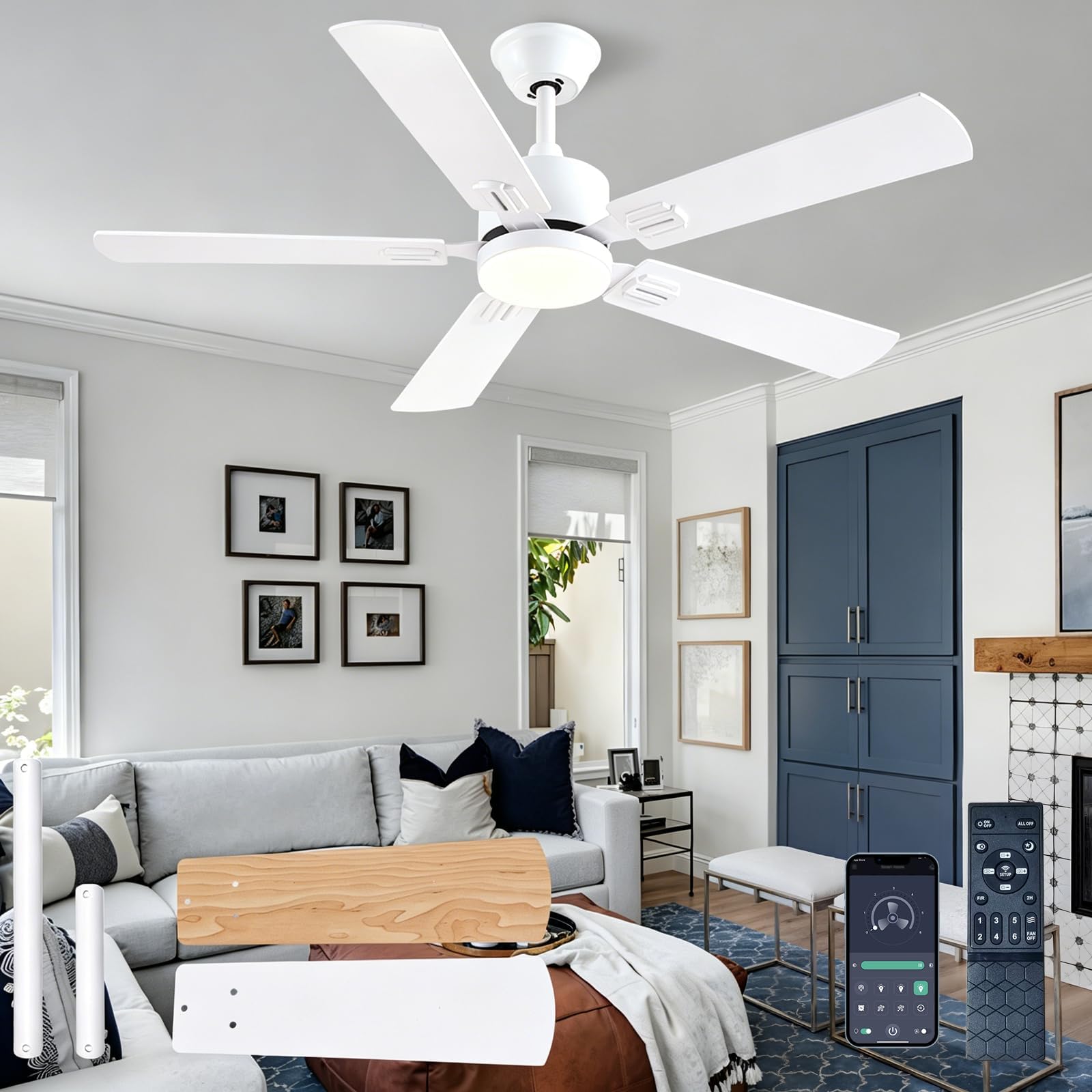 FUMLTP 46 inch Modern White Ceiling Fans with Lights APP/Remote Control, Low Profile Reversible 6 Speeds Ceiling Fan Light for Indoor/Outdoor Patio Bedroom Living Room