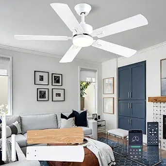 FUMLTP 46 inch Modern White Ceiling Fan with Lights, Remote & APP Control, Reversible Low Profile Indoor/Outdoor