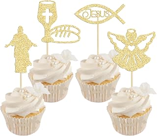 Gyufise 24 Pack Jesus Cupcake Toppers Gold Glitter Fish Bread Last Dinner Cupcake Picks Baptism Cross Cupcake Toppers Christian Religious Theme Party Baby Shower Birthday Cake Supplies