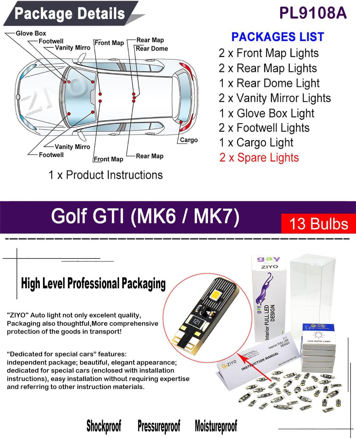 PL9108A - LED Interior Light Kit Package Replacement for Volkswagen Golf GTI MK6 MK7, Xenon White Dome Light Bulbs Upgrade Error Free (MK6/MK7 2008-2018 (13 Bulbs))