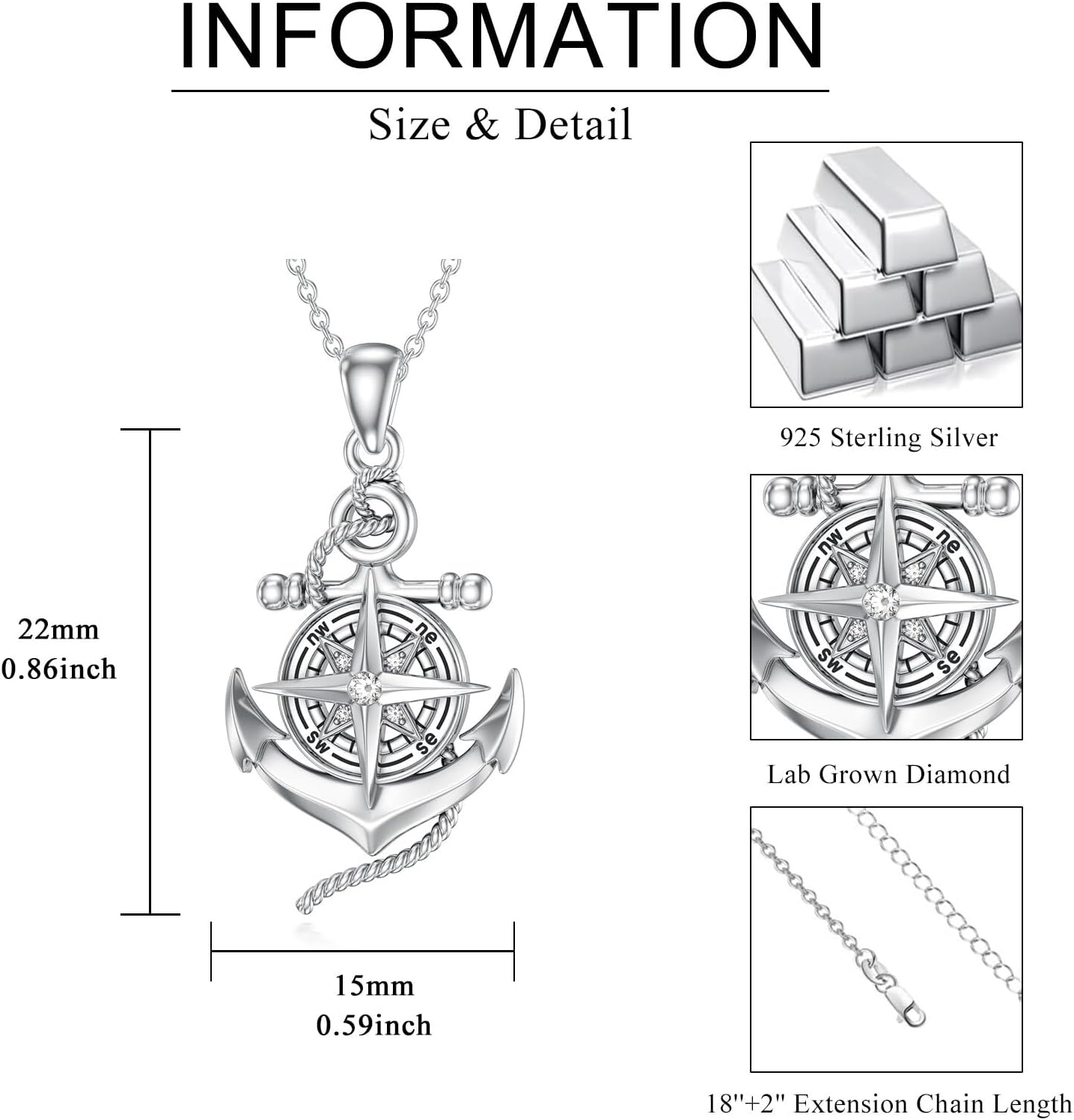 Diamond Compass Necklace for Women 925 Sterling Silver Compass Anchor Pendant Necklace Travel Amulet Necklaces Fine Jewelry Gifts for Her - Image 6