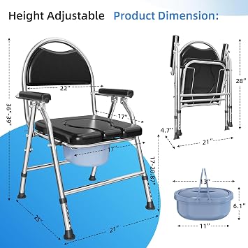 4 in 1 Folding Bedside Commode Chair for Elderly, Padded Seat & Backrest
