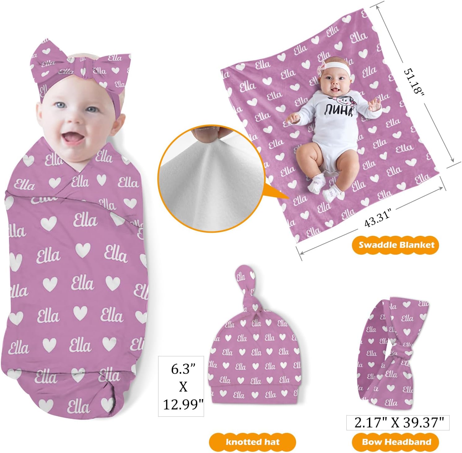 Custom Baby Nursing Swaddling Set: Personalized Custom Name Rose Red Swaddle Blanket Car Seat Cover Bow Headband Hat Nursing Pillow for Infant Girl Love Heart Pattern